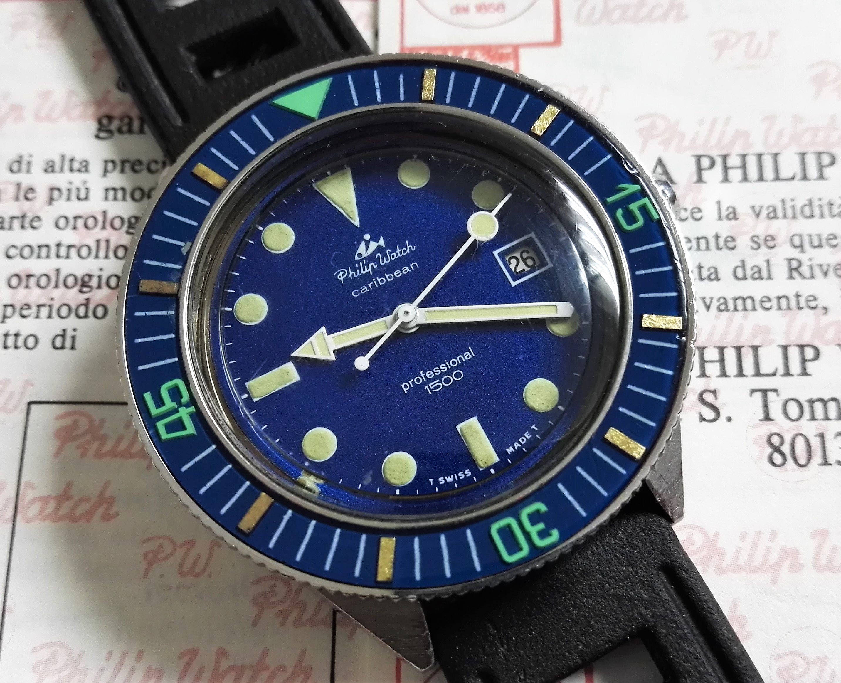 Philip Watch caribbean 1500 blu rare diver vintage 42mm 1546 Chrono