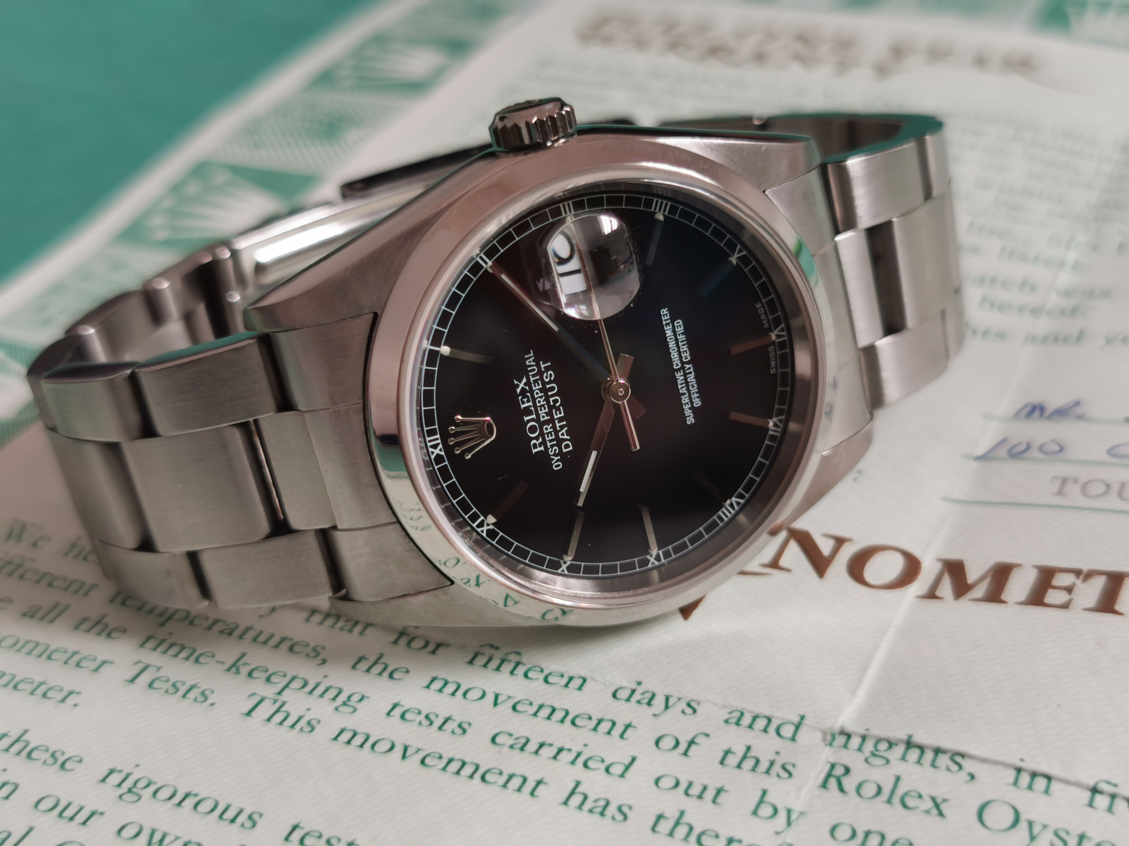 Rolex Datejust Datejust 36mm Stainless Steel Black Stick Dial & Smooth Bezel 16200 Paper 1998 | San Giorgio a Cremano