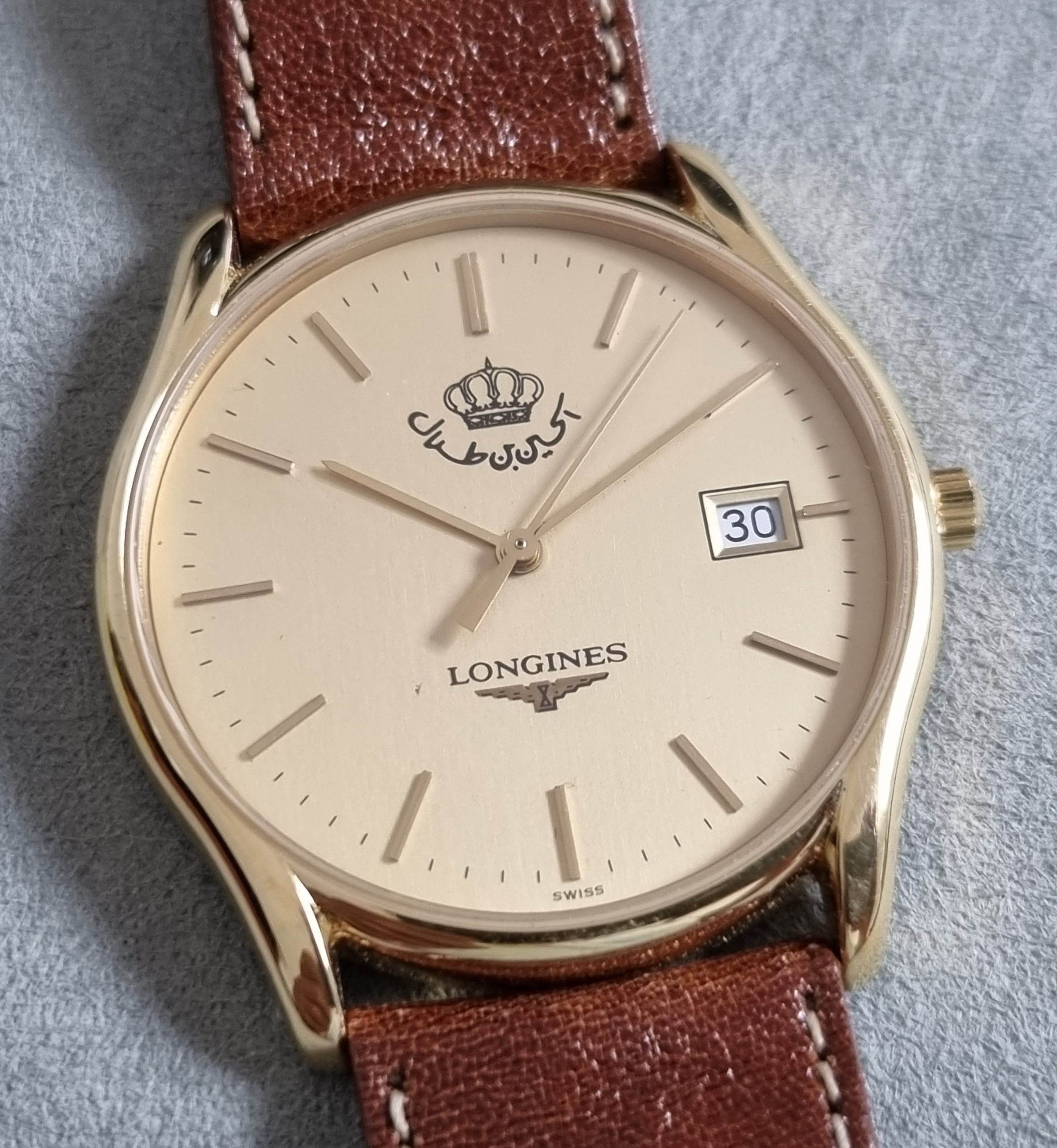 Longines King Hussein of Jordan Royal logo Swiss Quartz Watch 33 Mm Gold Plated Newoldstock | San Giorgio a Cremano