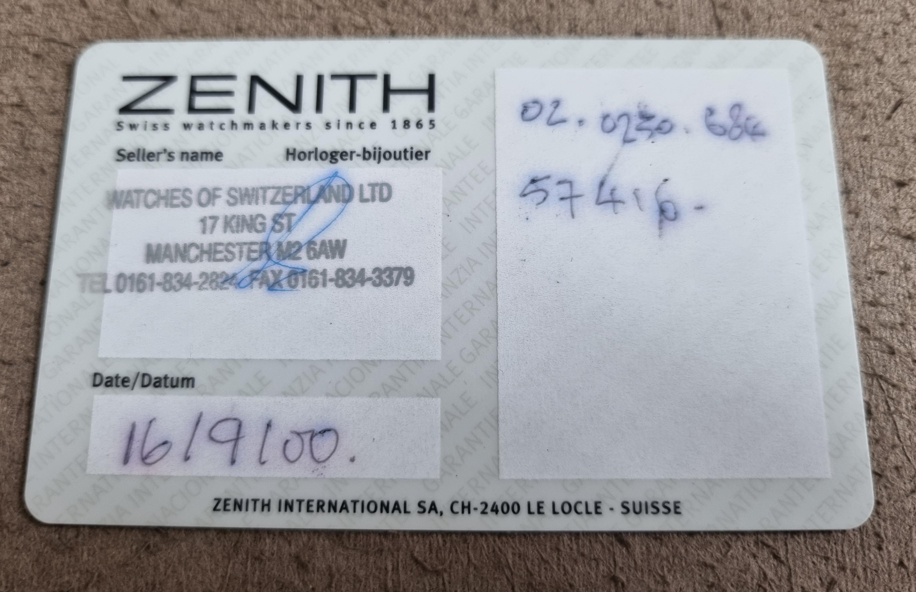 Zenith Port Royal 02.0250.684 warranty card signed and stamped dealer year 2000 | San Giorgio a Cremano