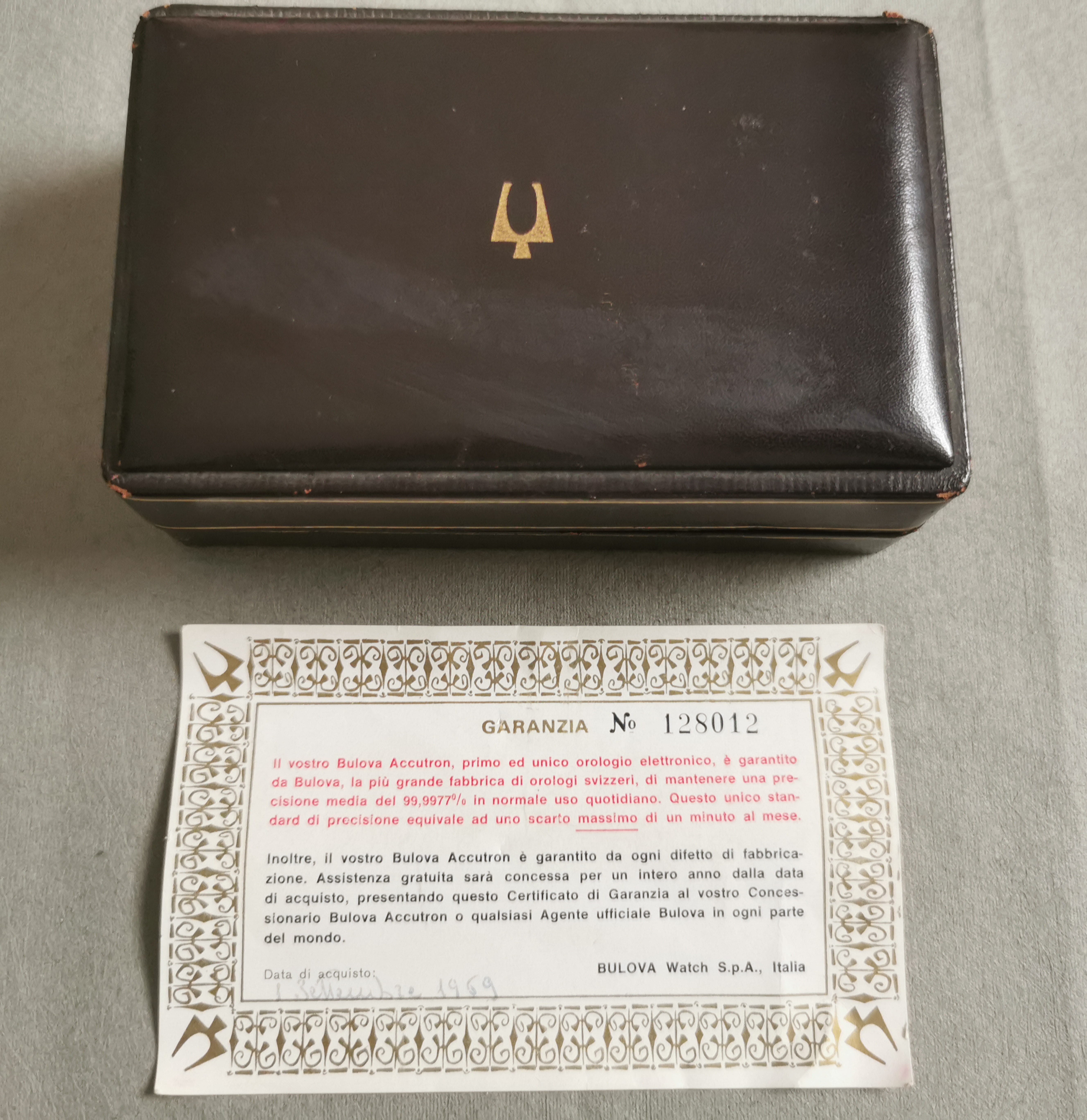 Bulova Rare vintage watch box leather dark brown and warranty paper 1969 for Accutron models | San Giorgio a Cremano