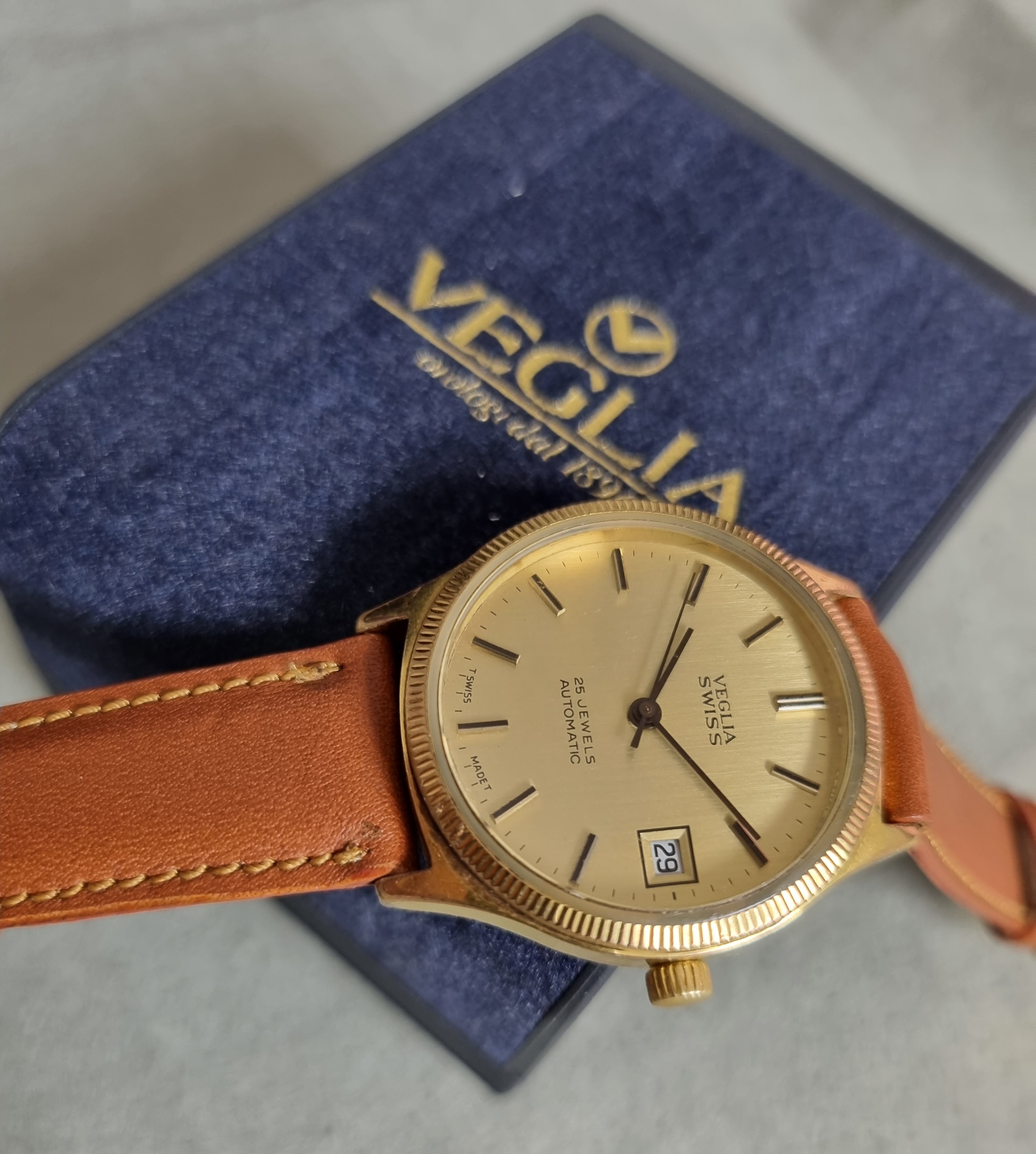 Anonimo Veglia 7792 Swiss automatic 25 jewels Eta 2789 watch gold plated mm 33.5 champagne dial - box | San Giorgio a Cremano