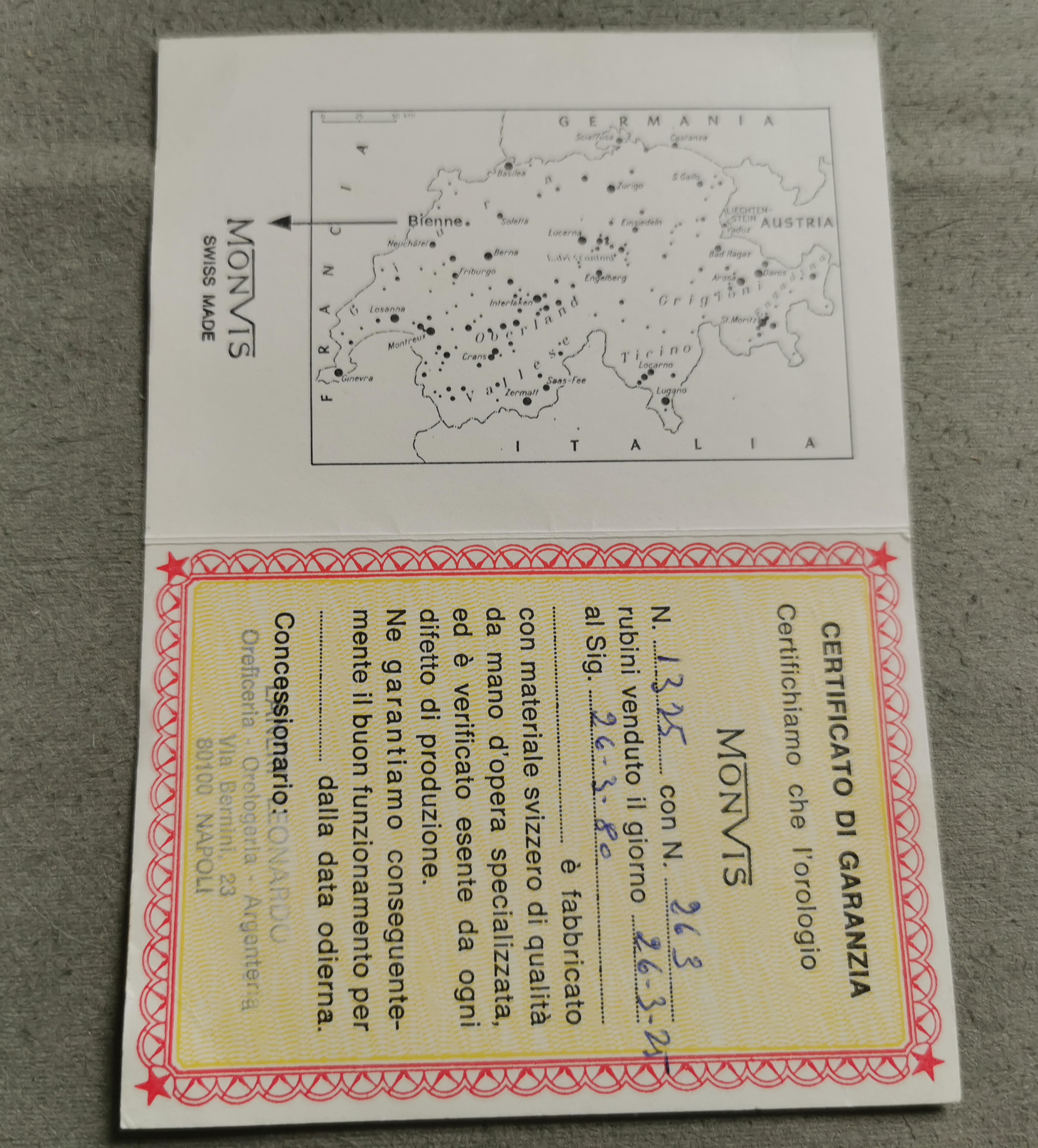 Anonimo Monvis vintage warranty booklet signed and stamped 1975 in good condition | San Giorgio a Cremano