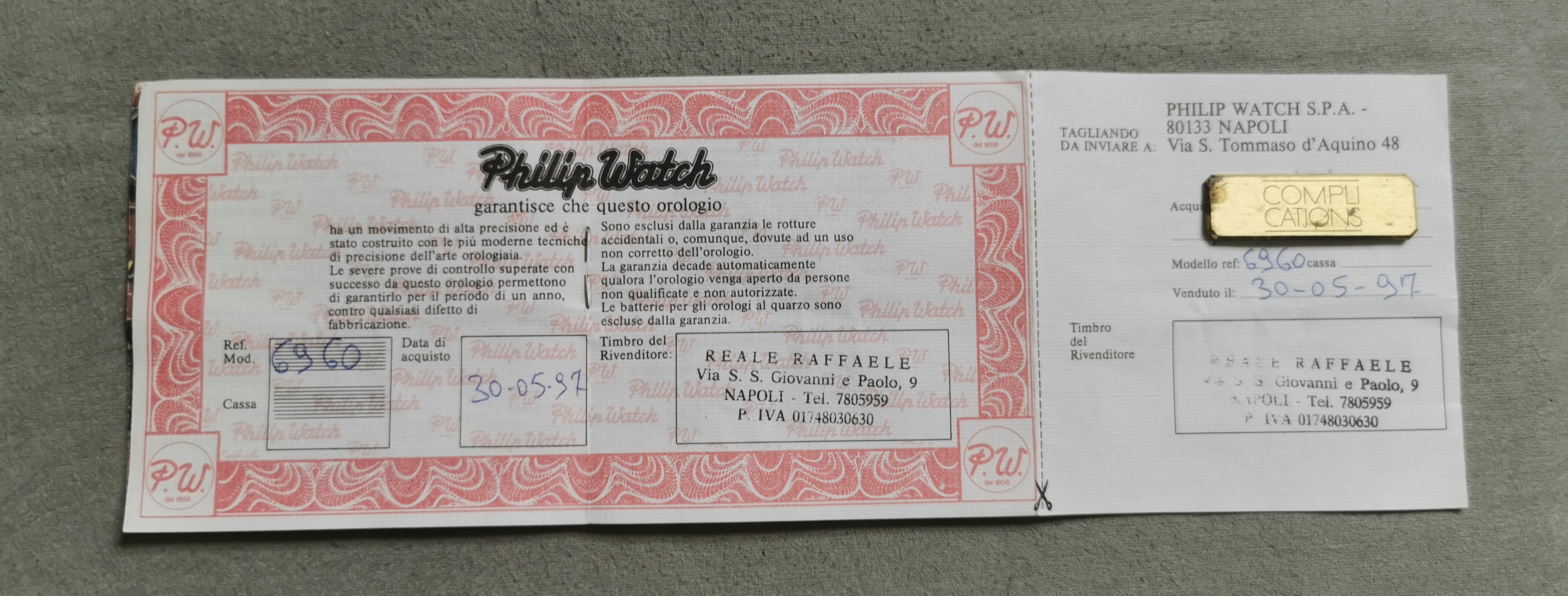 Philip Watch vintage warranty booklet paper signed and stamped 1997 | San Giorgio a Cremano