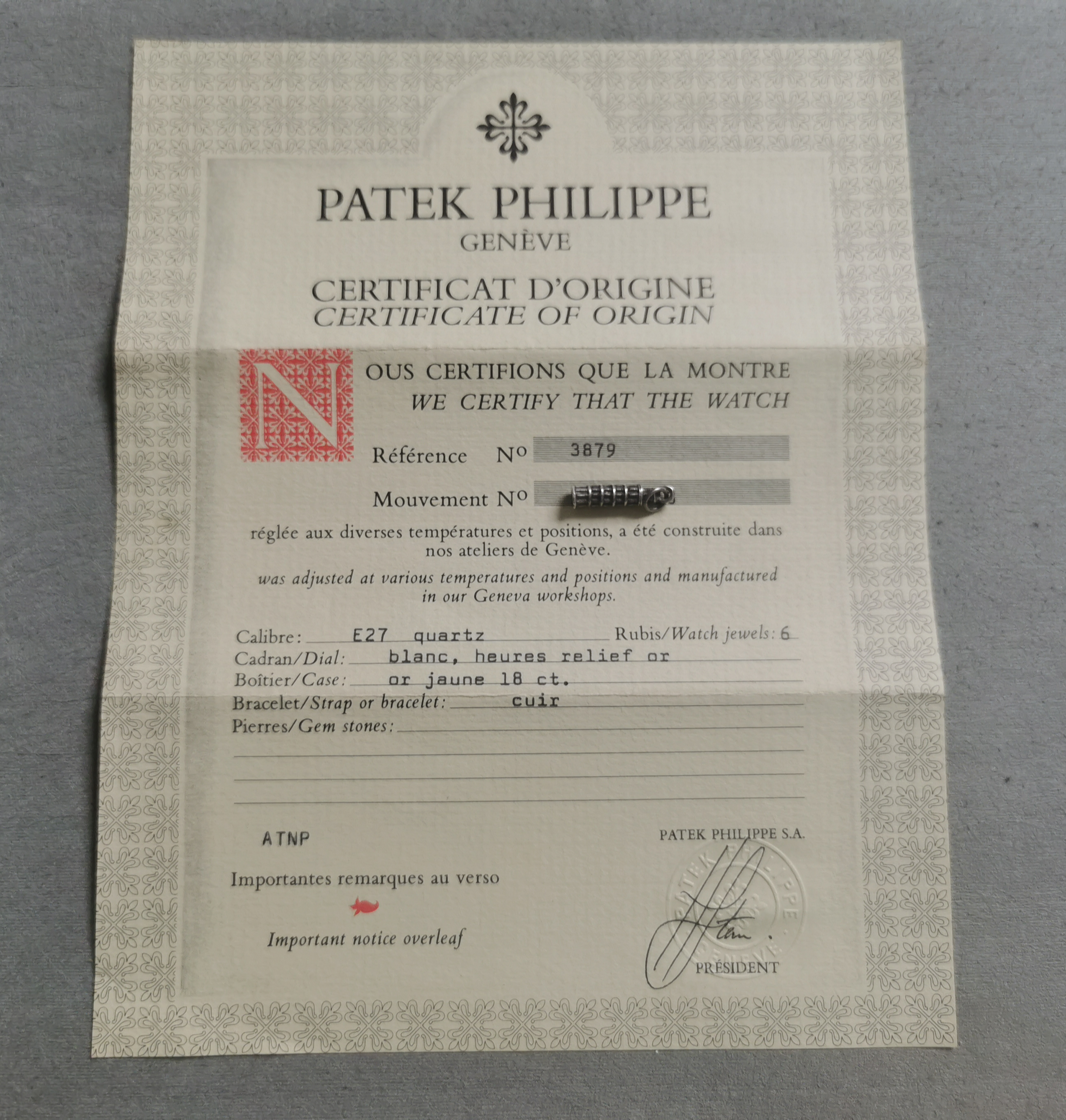 Patek Philippe genuine vintage certificat d'origine warranty ref. 3879 very good | San Giorgio a Cremano