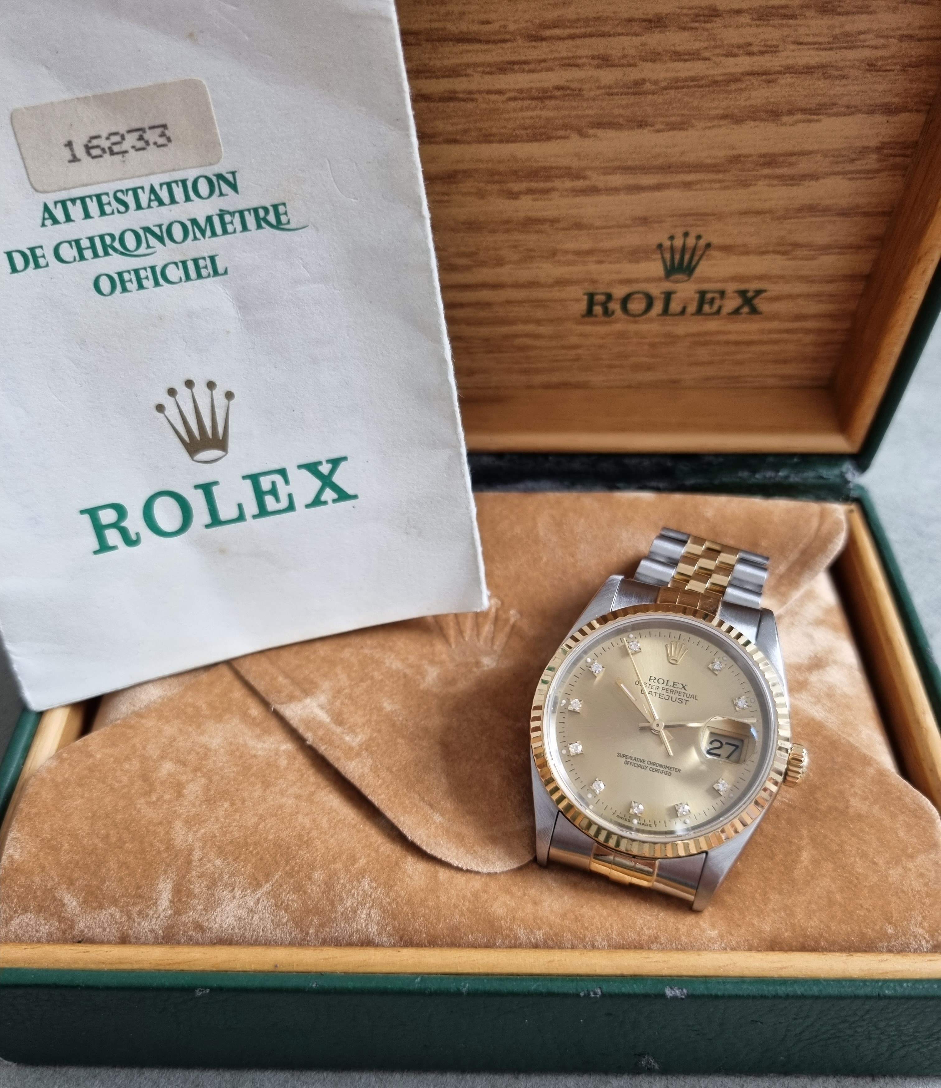 Rolex Datejust Datejust 36 Diamonds Index Gold Dial Ref. 16233 “Serial X” Jubilee Box And Warranty | San Giorgio a Cremano