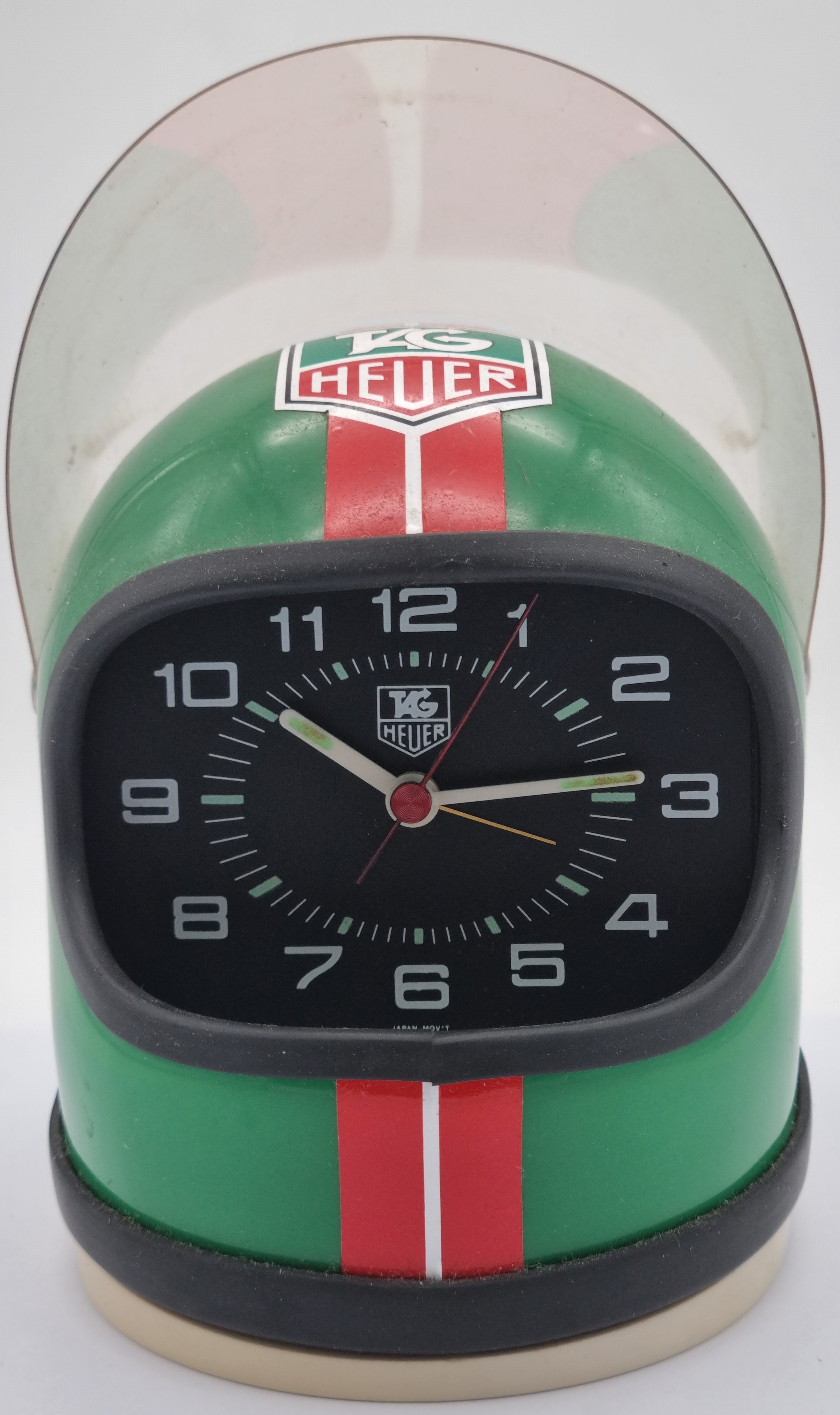 TAG Heuer Formula 1 racing green helmet desk clock with alarm working in good condition