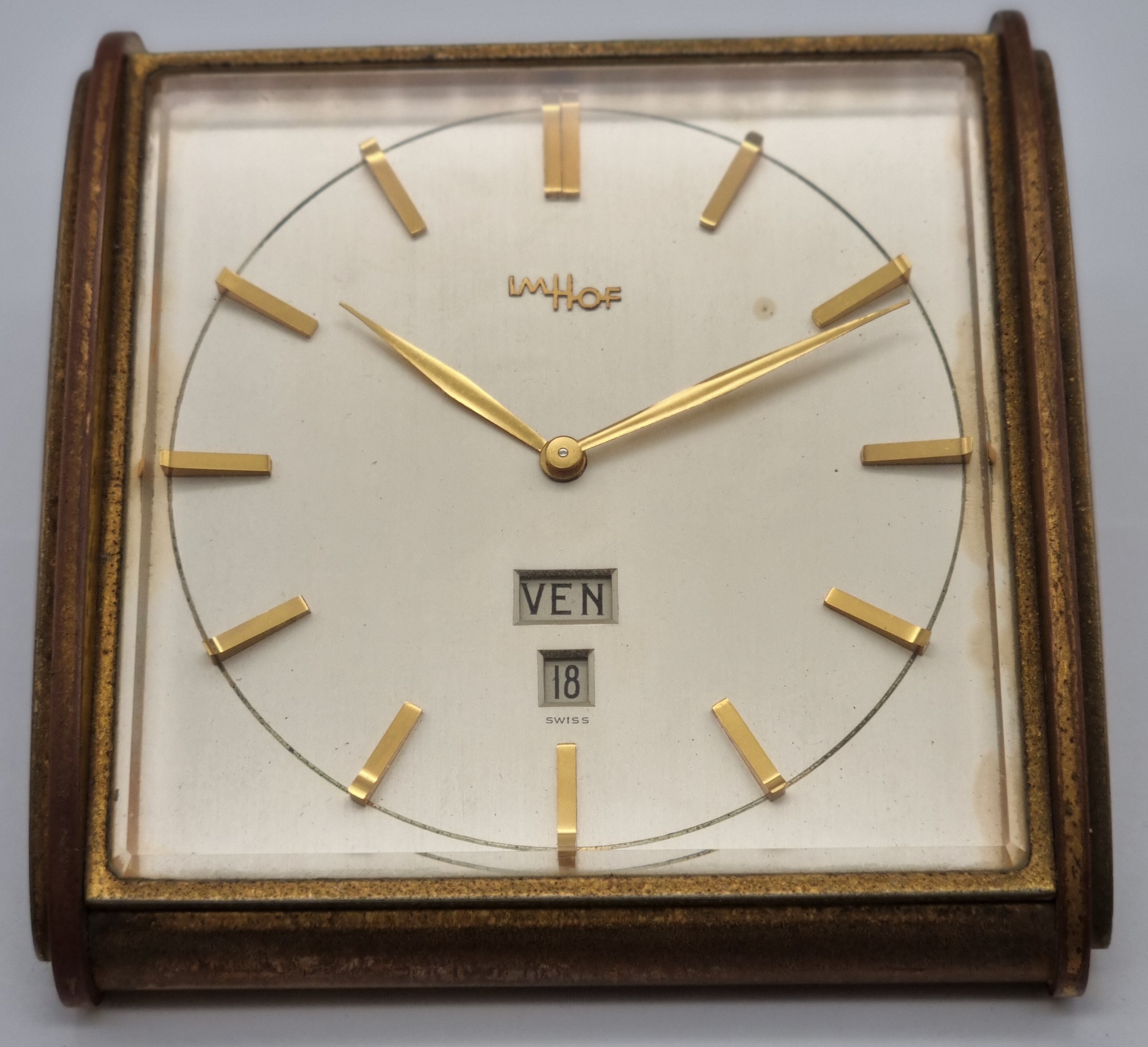 Anonimo Imhof 8 days brass desk clock day date silver dial gold index mechanical used condition as pics | San Giorgio a Cremano