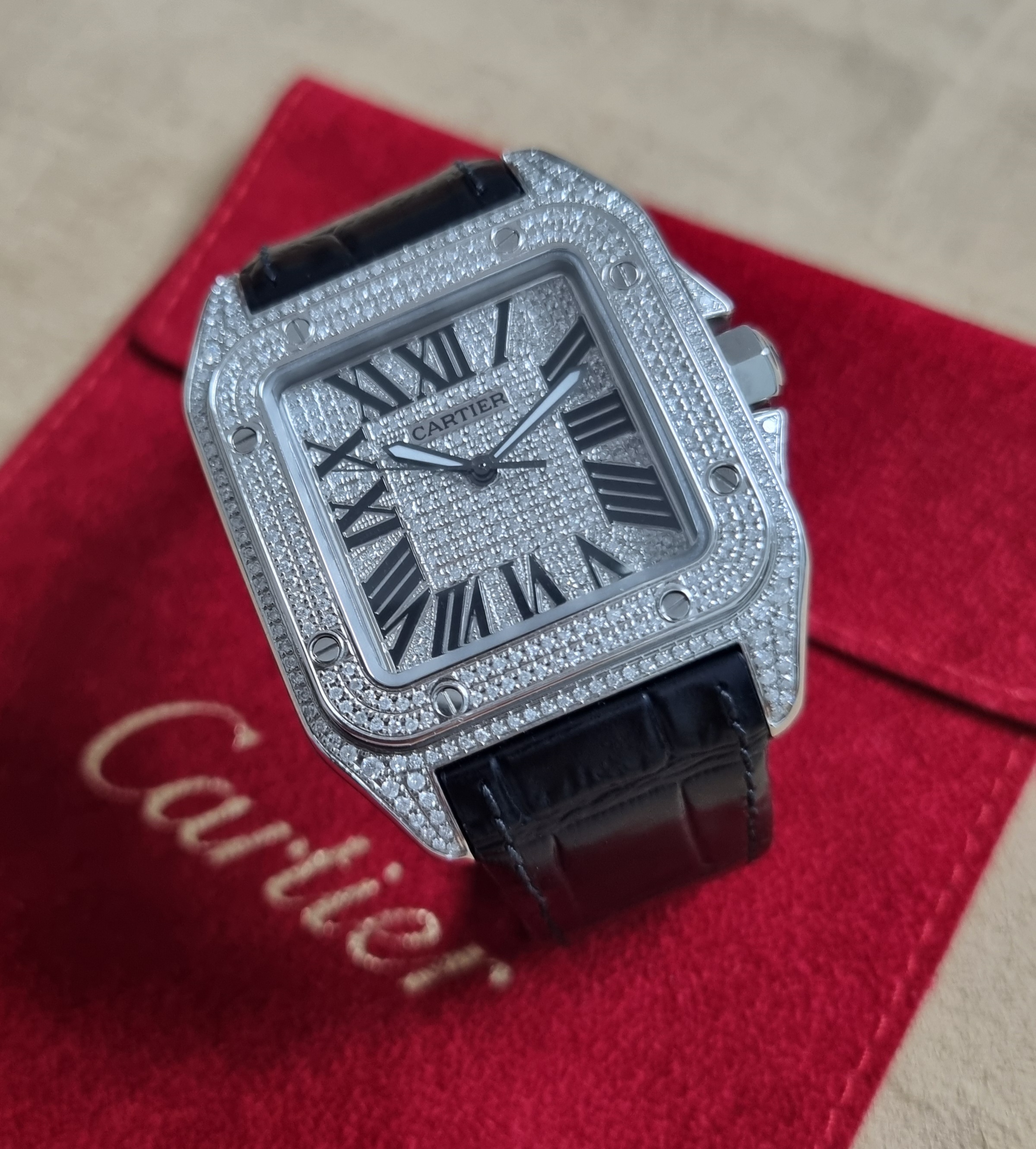 Cartier Santos 100  Santos 100 XL Iced Out diamonds custom setting Ref. 2656 Large Size Good Condition | San Giorgio a Cremano