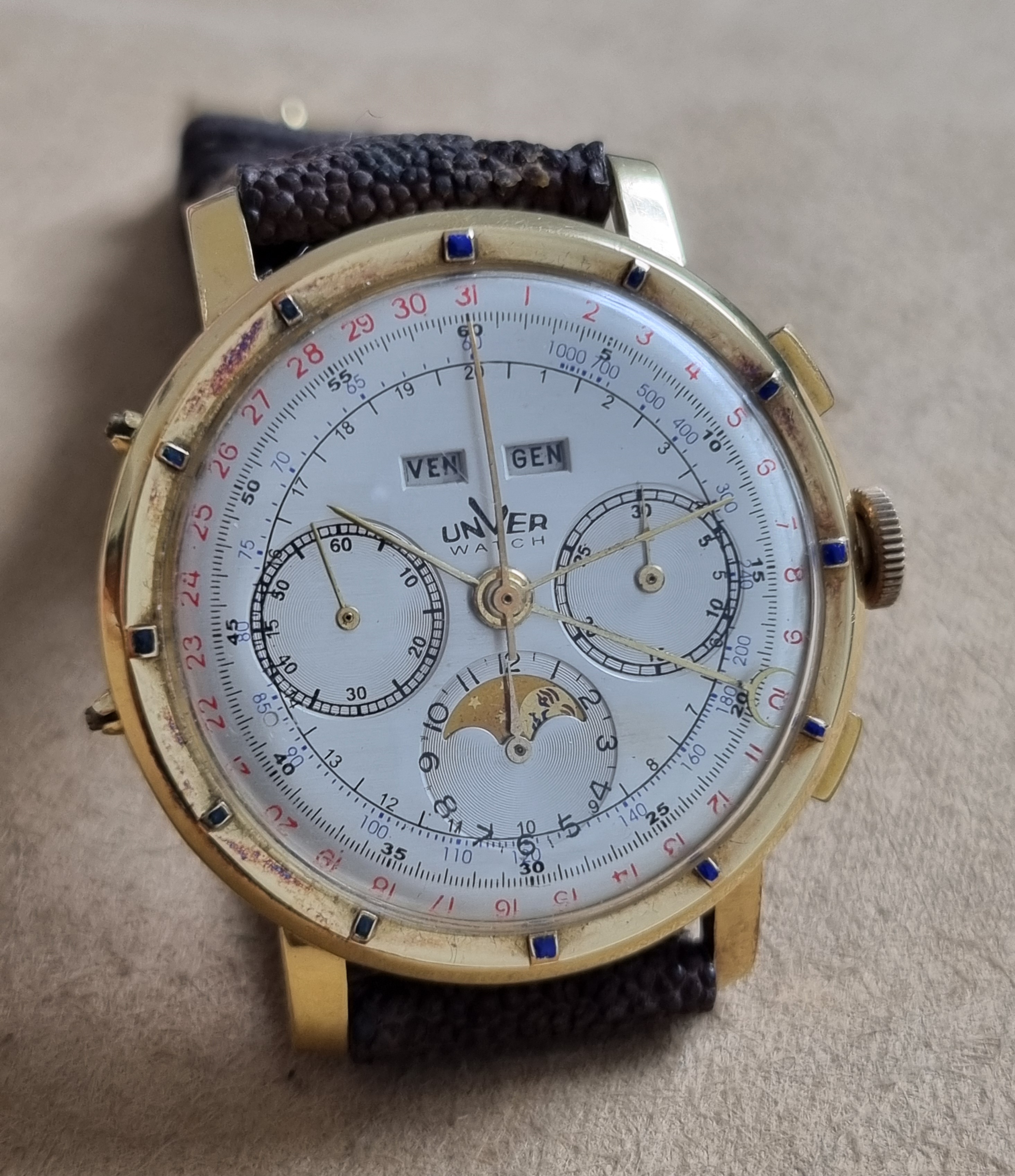Anonimo UNVER TRIPLE DATE CHRONOGRAPH MOONPHASE 18 KT YELLOW GOLD MM 40 VALJOUX 88 | San Giorgio a Cremano