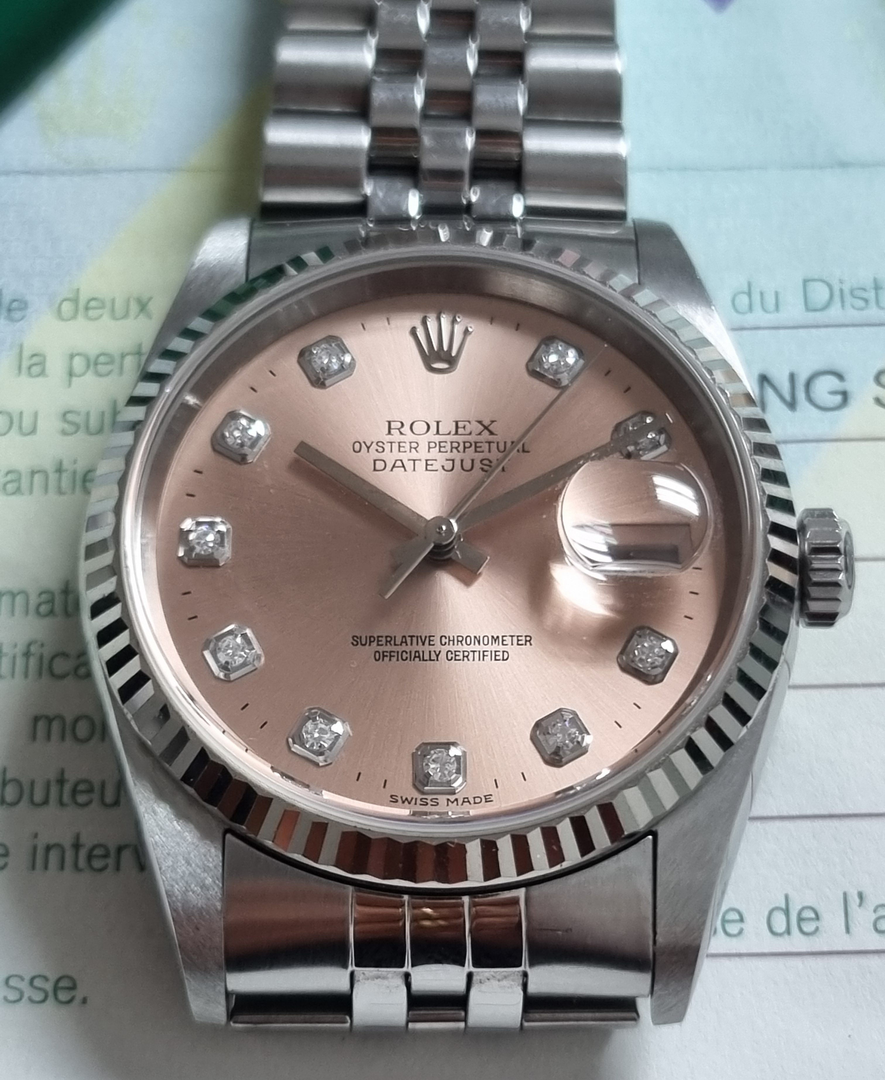 Rolex Datejust Datejust 36 16234 Factory Salmon Diamond Dial Steel And 18Kt WG Bezel Jubilee Paper 2006 | San Giorgio a Cremano