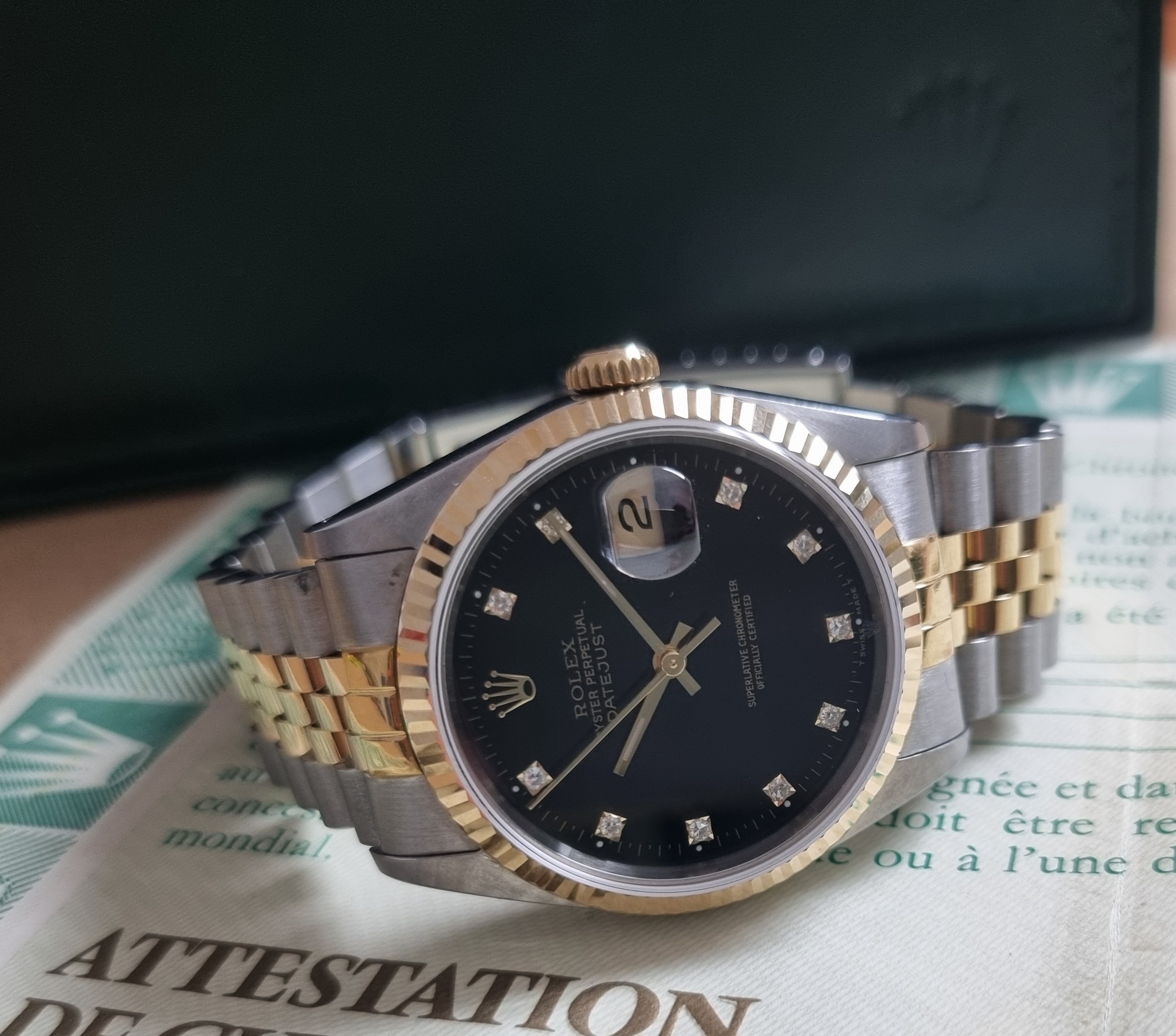 Rolex Air King Datejust 36 16233 Factory Black Diamond Dial Steel And 18Kt Gold Bezel Box Paper 1990 | San Giorgio a Cremano