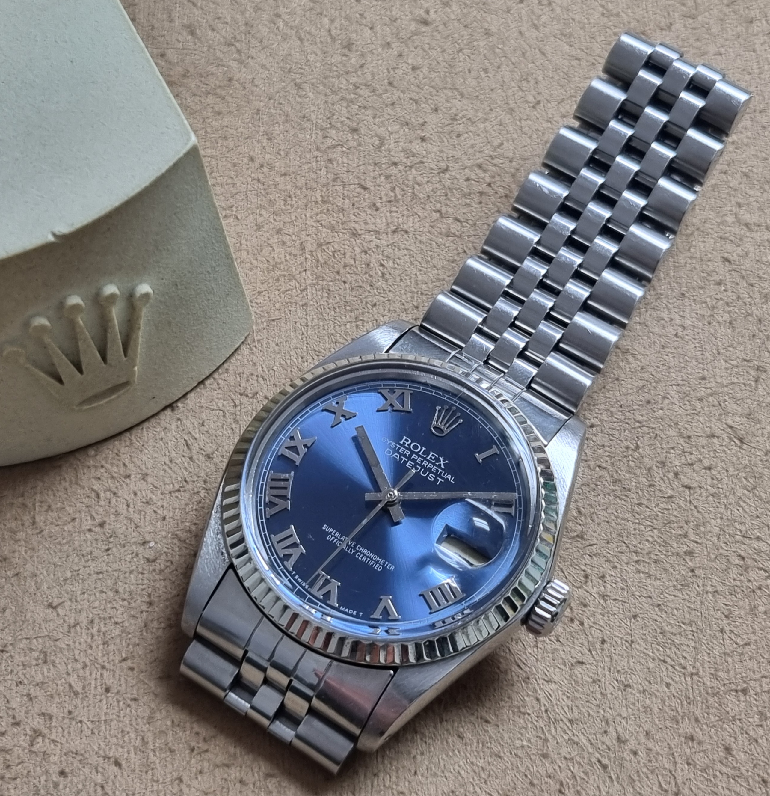 Rolex Datejust 16014 Datejust 36 Stainless Steel Blue Roman Dial Men's Watch On Jubilee Bracelet 1984
