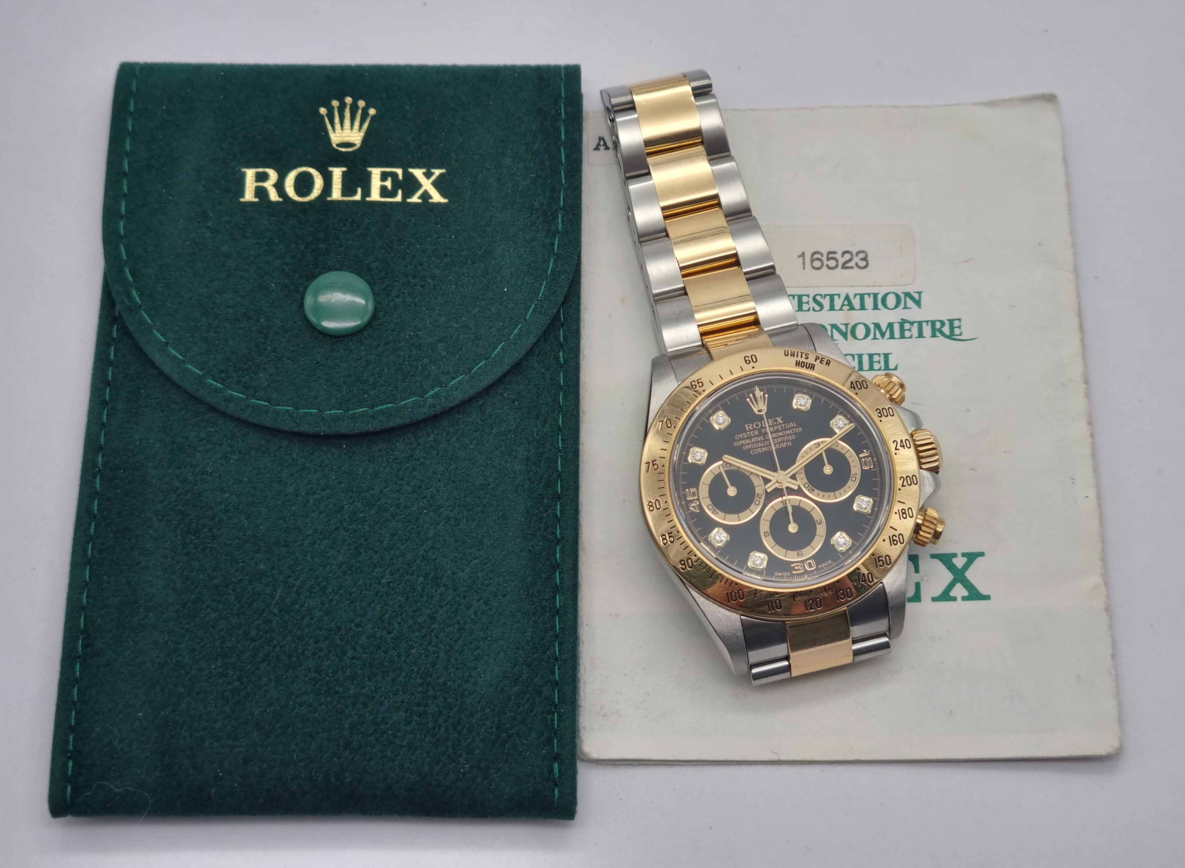 Rolex Daytona Daytona A-Serial (Last-Serial) 16523 Steel And 18 Kt YG Black Diamonds Dial Warranty 1999 | San Giorgio a Cremano