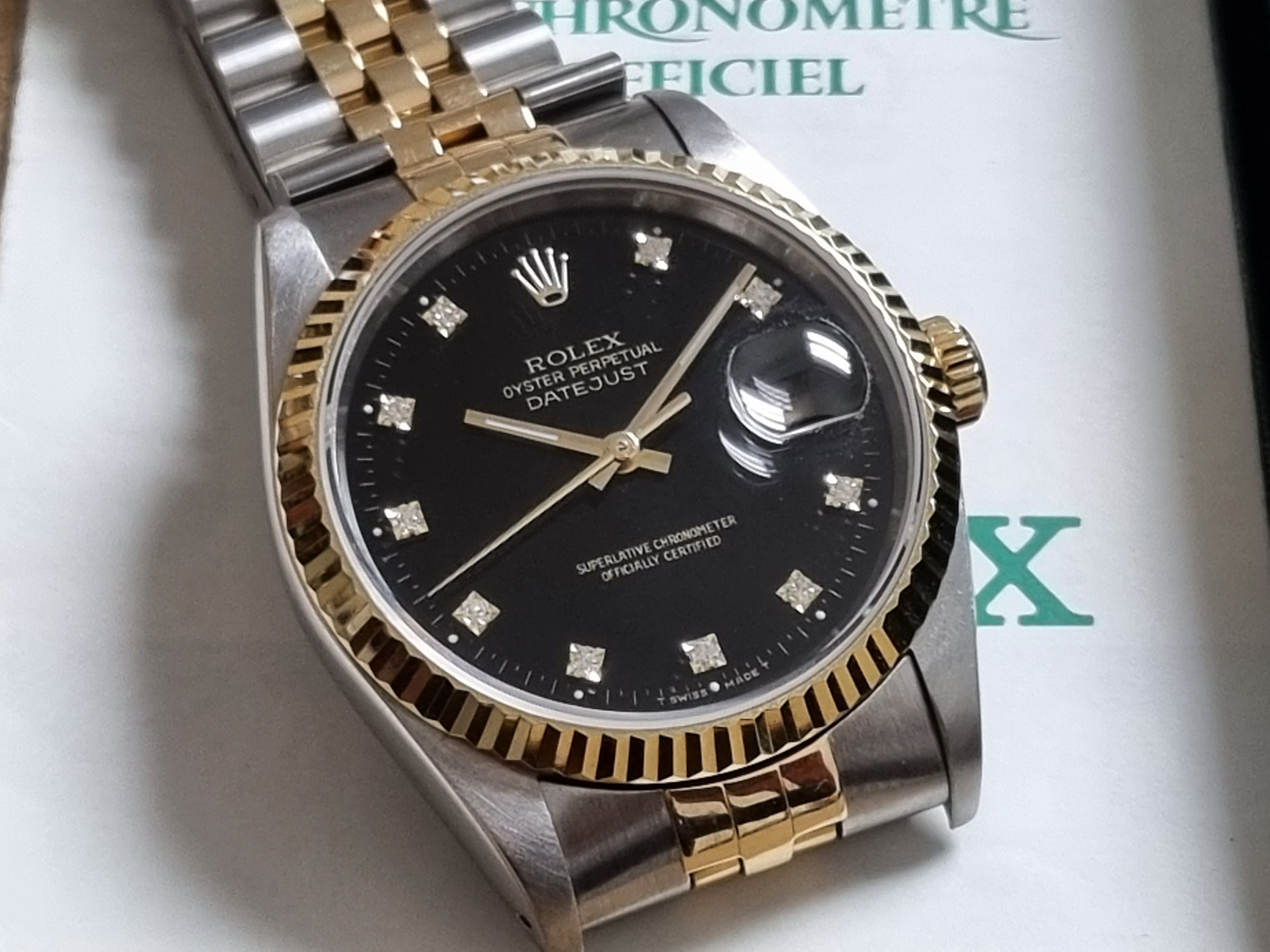Rolex Datejust Datejust 36 16233 Factory Black Diamond Dial Steel And 18Kt Jubilee Paper 1988 | San Giorgio a Cremano