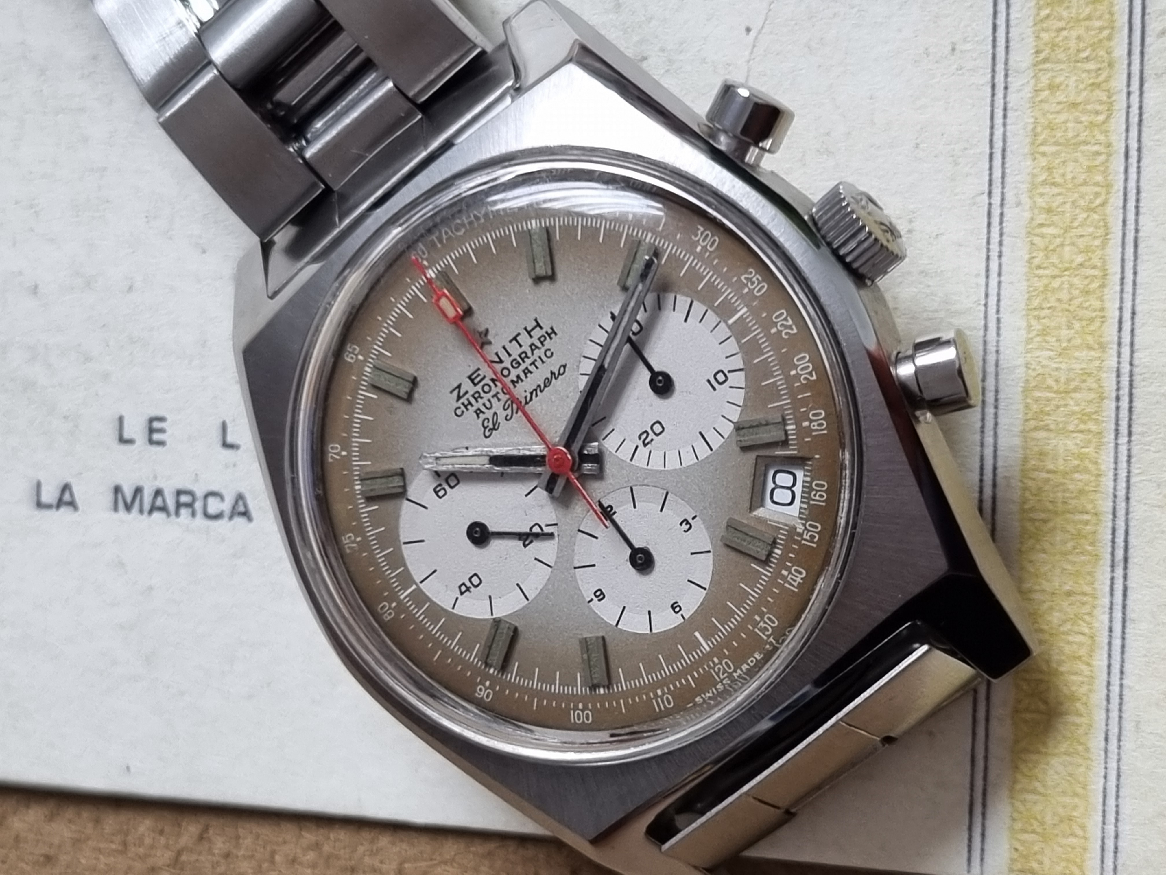 Zenith El Primero El Primero A385 - SP1301 brown dial caliber 3019PHC serviced Gay Freres 4-71 box and paper