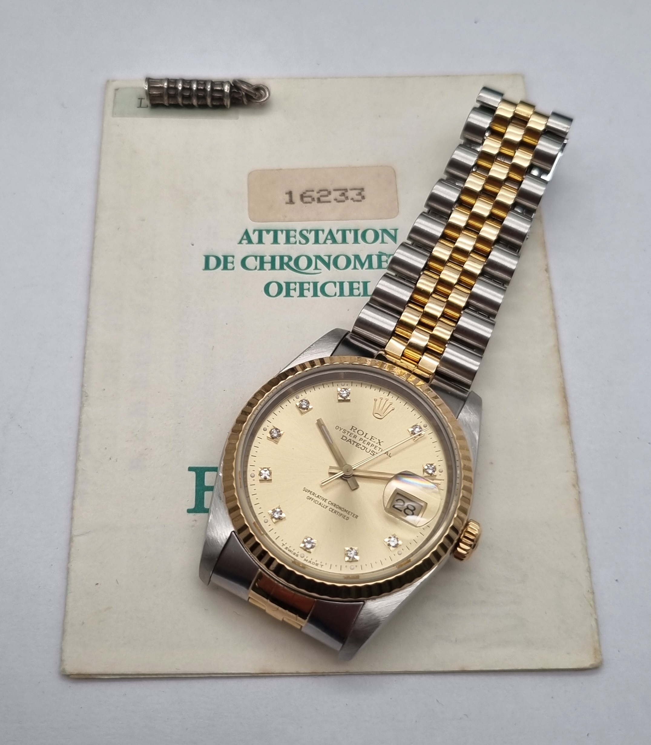 Rolex Datejust Datejust 36 Steel & Gold 18 Kt Golden Diamonds Dial Vintage Mens Watch 16233 Full Set 1990