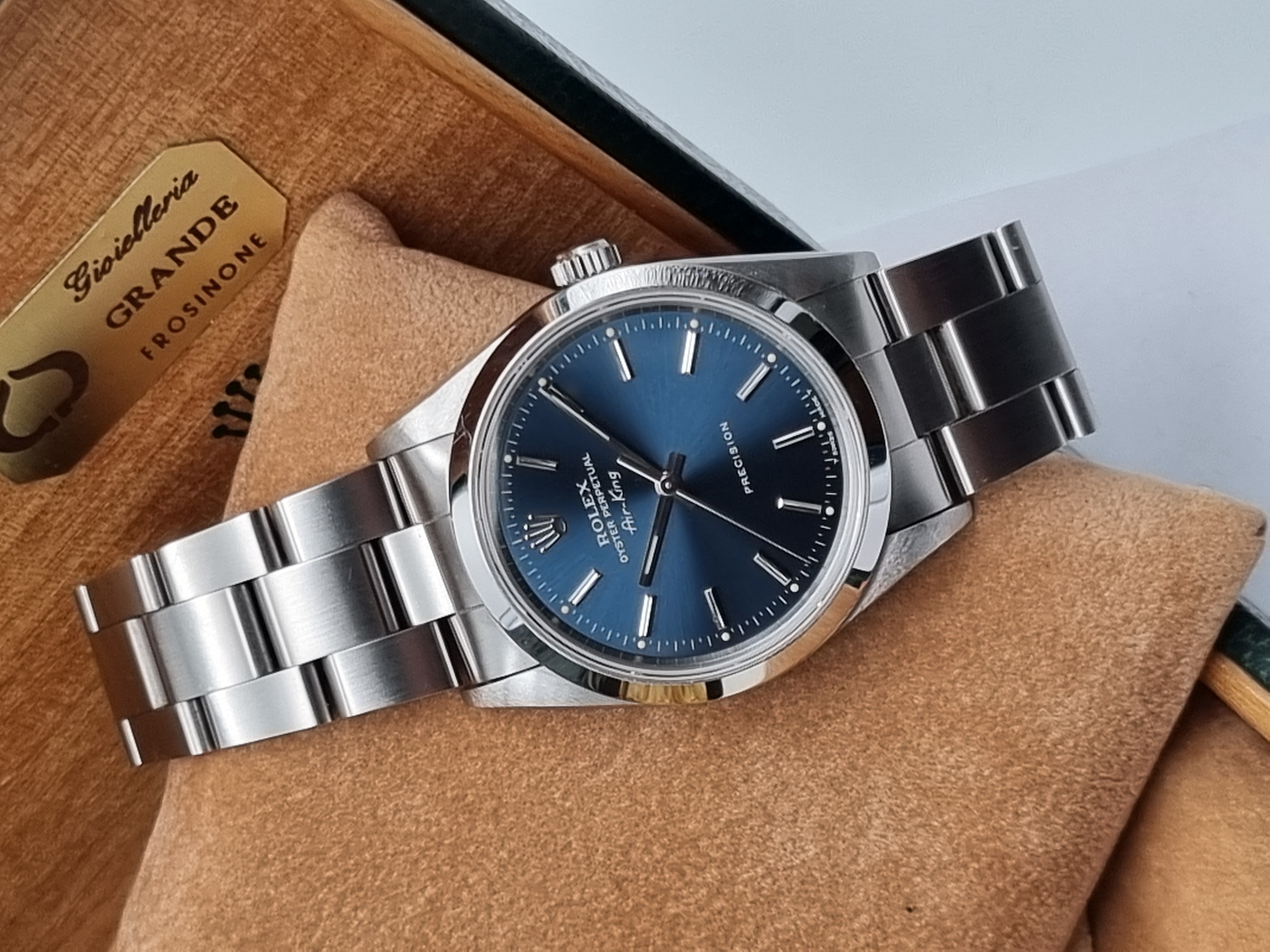 Rolex Air King Air King 14000 Steel 34 mm Blu dial Oyster Full Links never polished Full set 1995 Italy | San Giorgio a Cremano