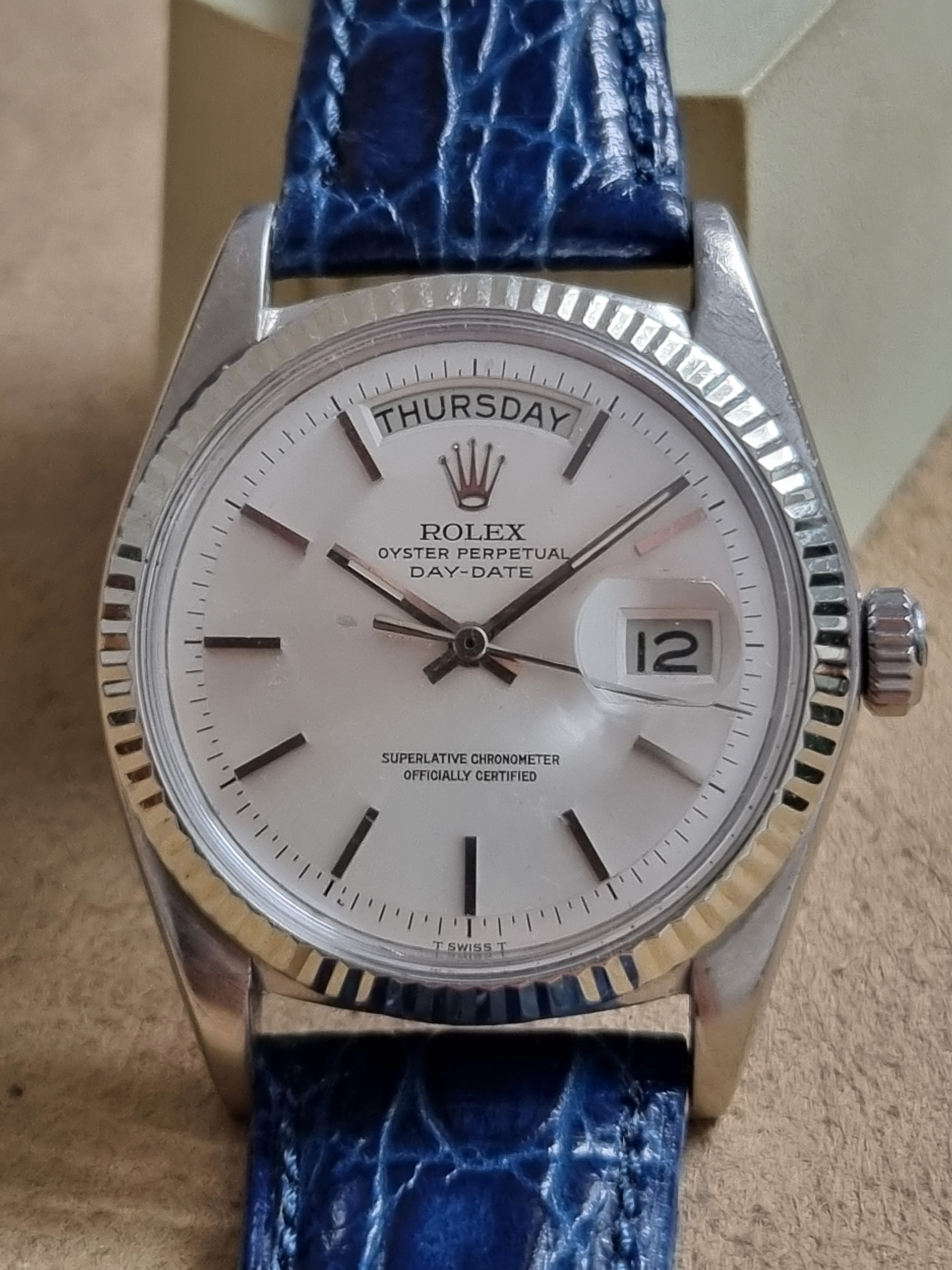 Rolex Day-Date / President Day-Date 36 Vintage 18k White Gold 1803 Silver Dial 1556 Caliber On Leather Year 1974 | San Giorgio a Cremano