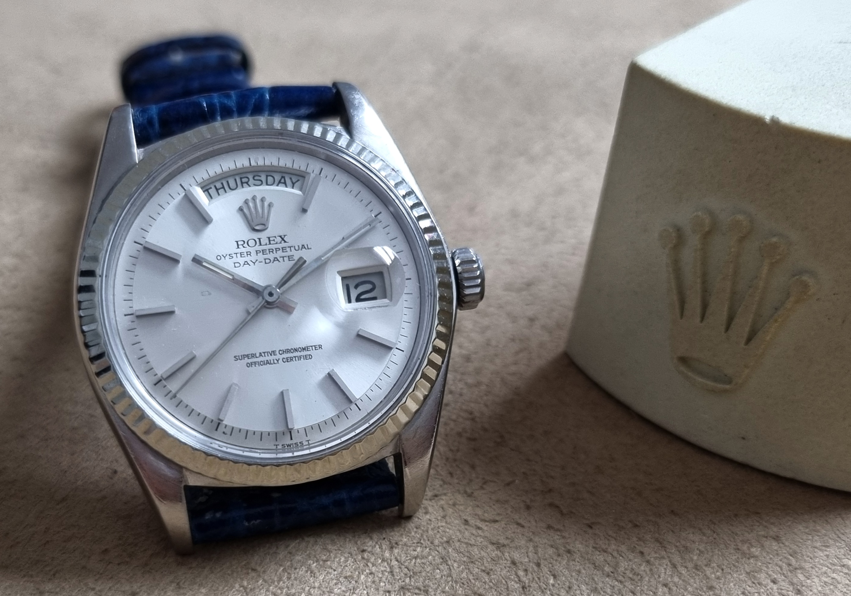 Rolex Day-Date / President Day-Date 36 Vintage 18k White Gold 1803 Silver Dial 1556 Caliber On Leather Year 1974