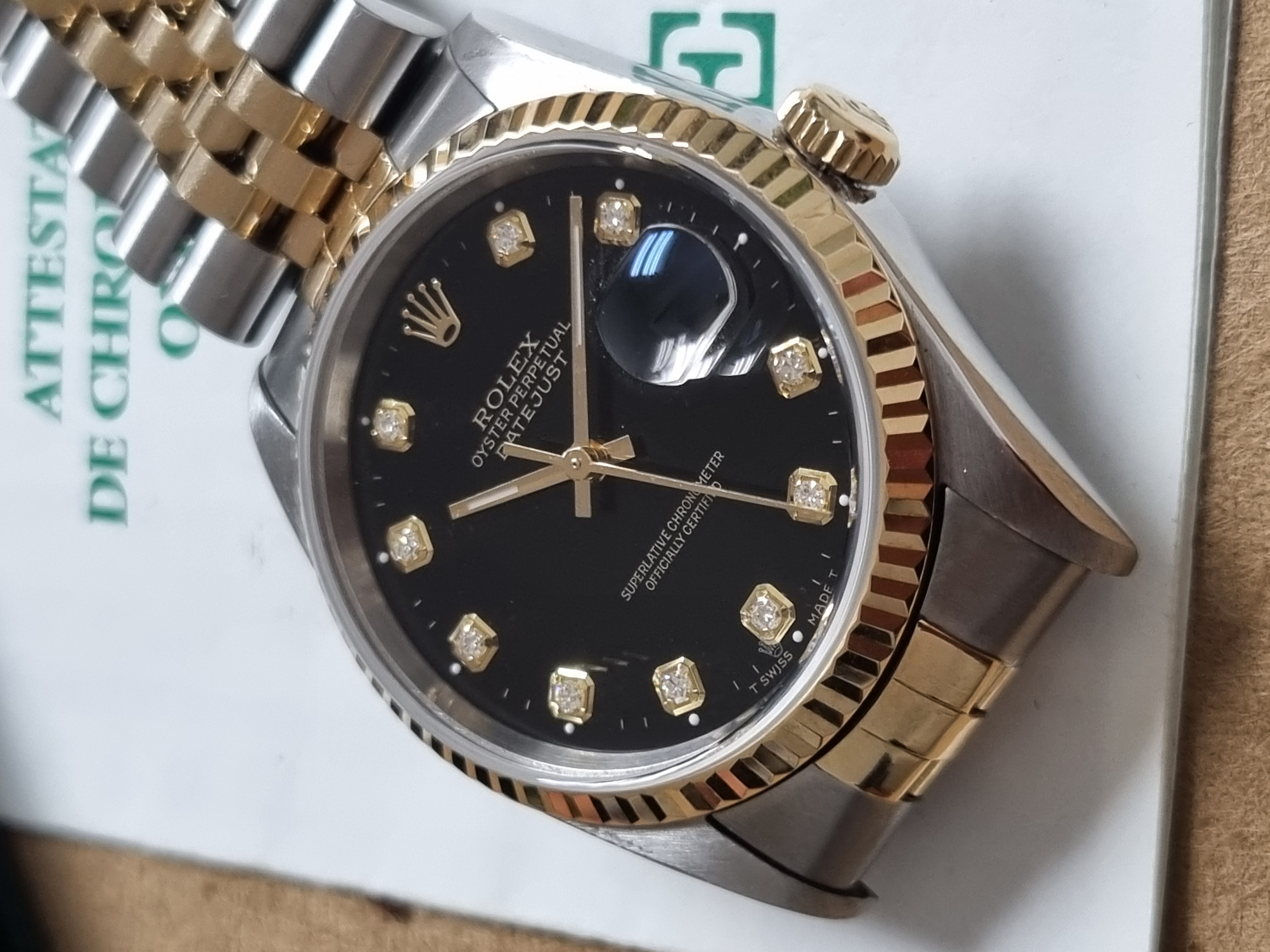Rolex Datejust  Datejust 16233 Datejust 36 Steel & 18Kt Gold Black Big Diamonds Dial Jubilee Band 1997 - Paper | San Giorgio a Cremano