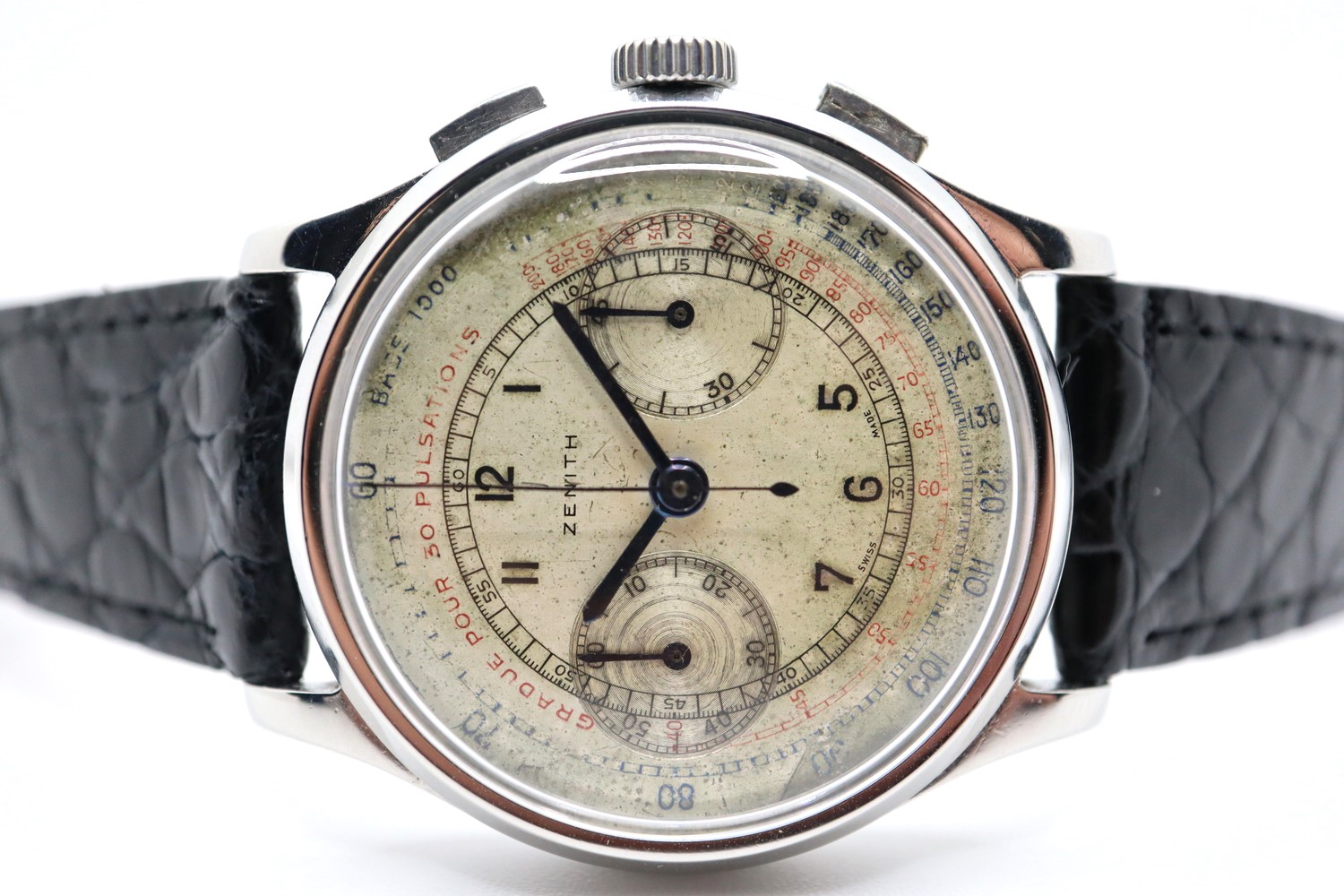 Zenith Doctor'S Watch Rare Chronograph Steel Case 38 Mm White Dial Caliber 146 On Leather 1950's